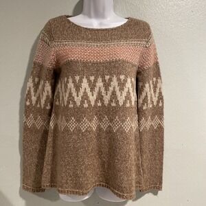 Zara Knit Womens Made Fair Isle Wool Blend Sweater Nordic Tan Camel Brown M‎